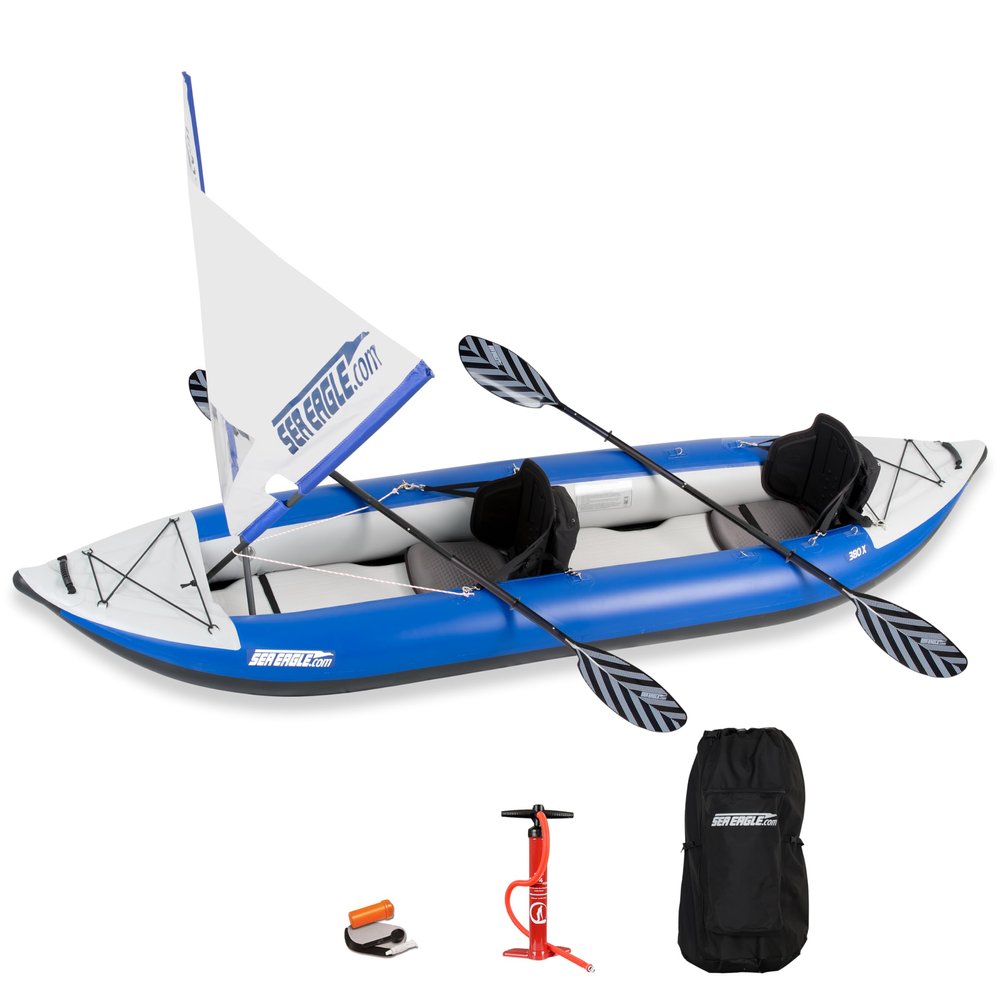 Sea Eagle 380X 12'6" Explorer Inflatable Kayak- Fishing, Touring, Camping, Exploring &White Watering-Self Bailing, Removable Skeg, Drop Stitch Floor (2 Person QuikSail)