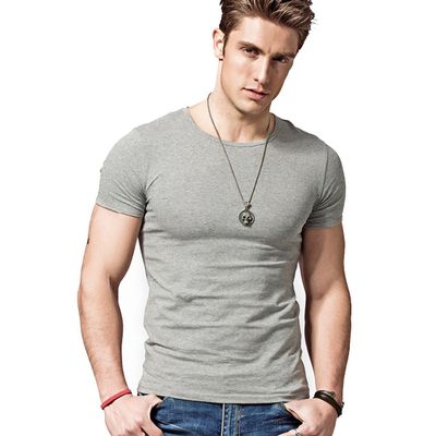Acooe Short Sleeves Men T-shirt Crew-neck,Tight-fitting T-shirt, No Shrinkage-Light Grey-L