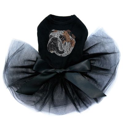 Brown Bulldog Face Bling Rhinestone Dog Tutu Dress, M Black