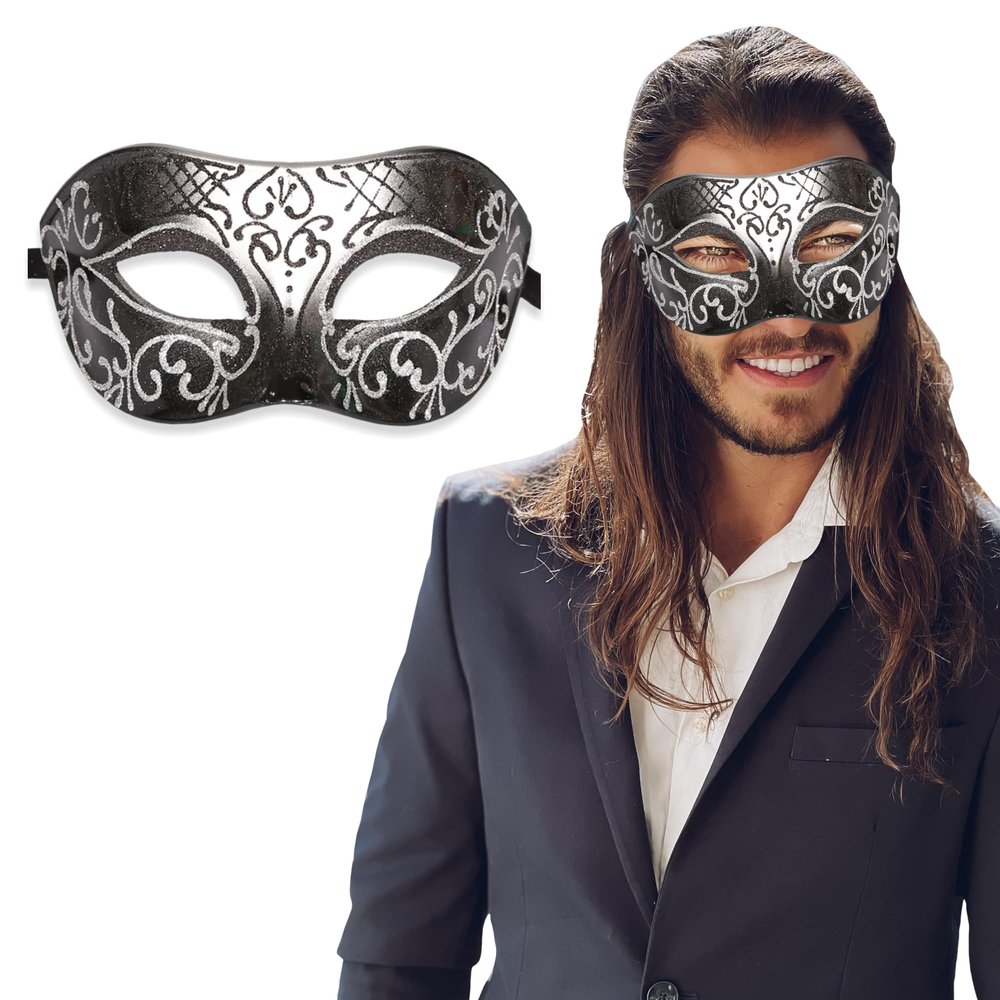Black and Silver Masquerade Mask For Men - Antique Look Mask for Venetian Party, Masquerade Party, Mardi Gras, Prom, Halloween & Masquerade Ball