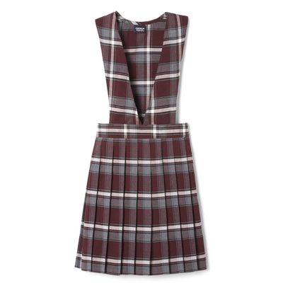 French Toast Girls' Plaid V-Neck Pleated Jumper, Burgundy Plaid, 7