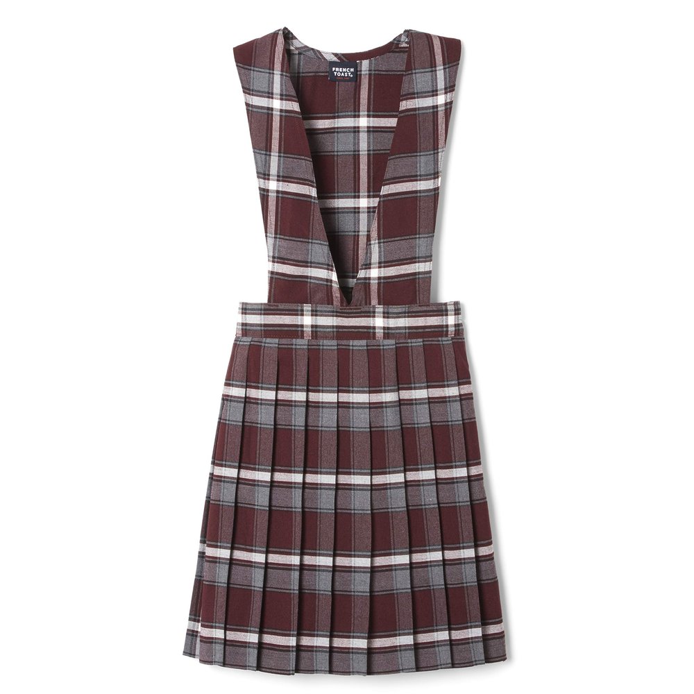 French Toast Girls' Plaid V-Neck Pleated Jumper, Burgundy Plaid, 7