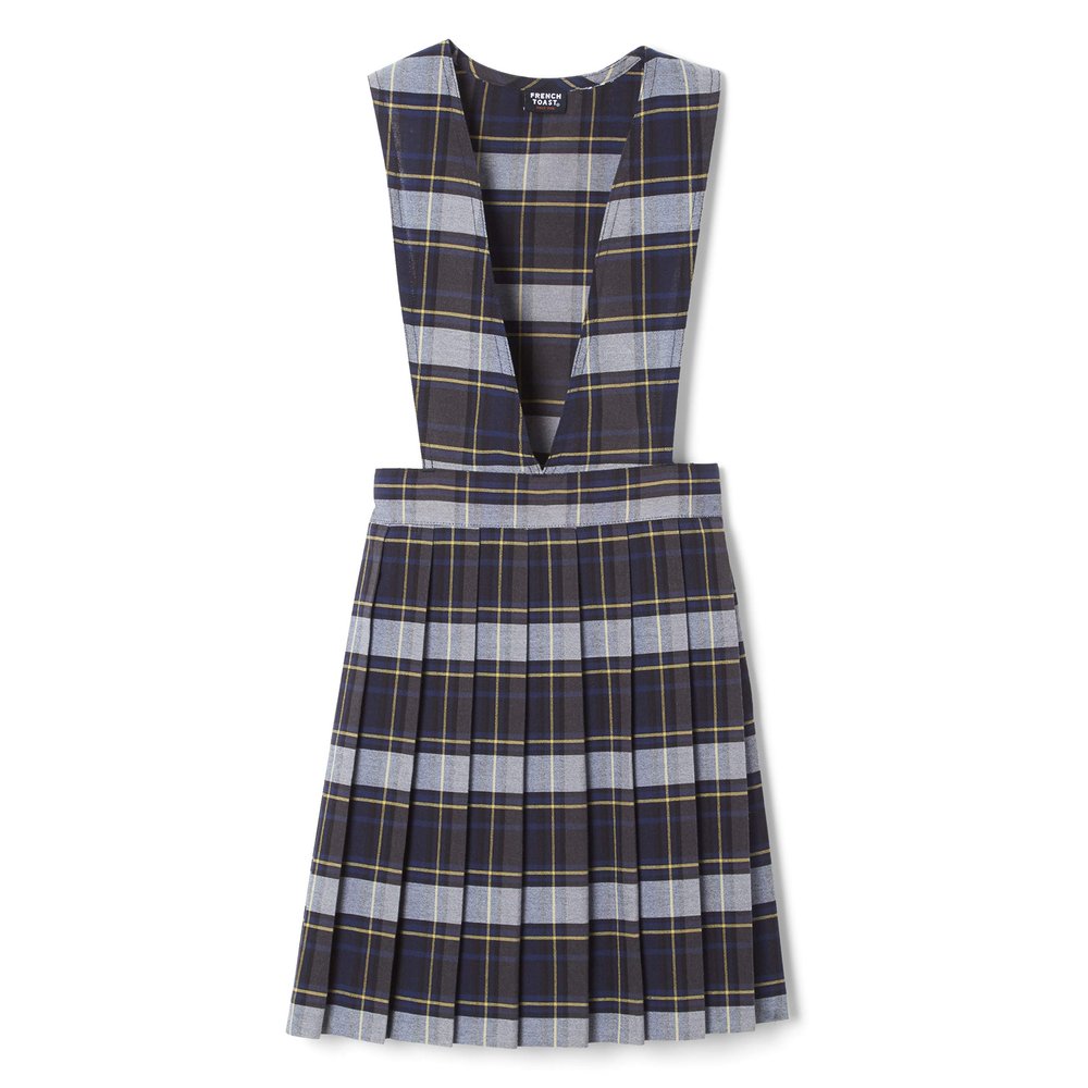 French Toast Girls' Plaid V-Neck Pleated Jumper, Blue & Gold Plaid, 8