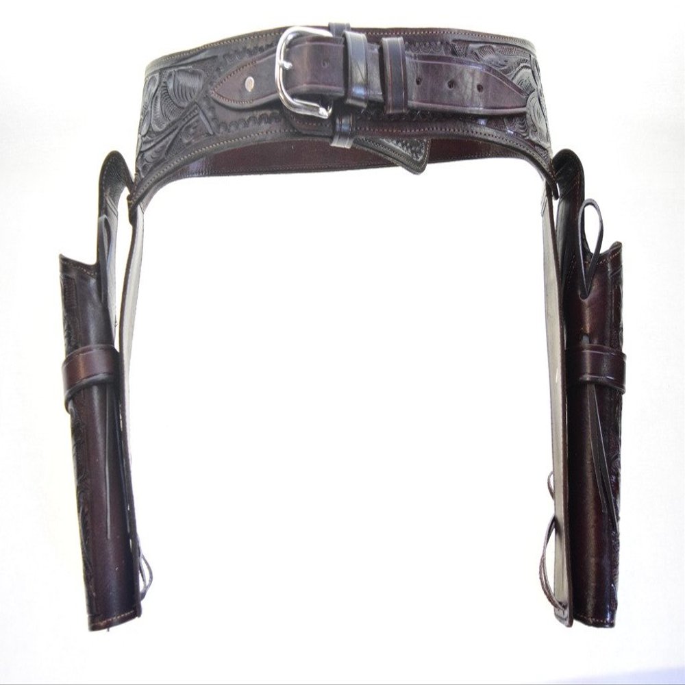 Leathertown USA Gun Holster & Belt Cowboy Western Style Rig .44/.45 Cal Double Drop Holster Standard Short Barrel Brown Floral Tooled Size 32
