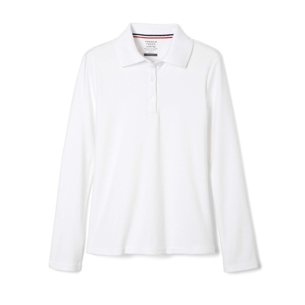 French Toast Girls' Uniform Long Sleeve Polo with Picot Collar (Standard & Plus), White, 10/12 PLUS