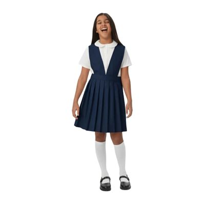French Toast Girls' V-Neck Pleated Jumper, Navy, 18.5 Plus