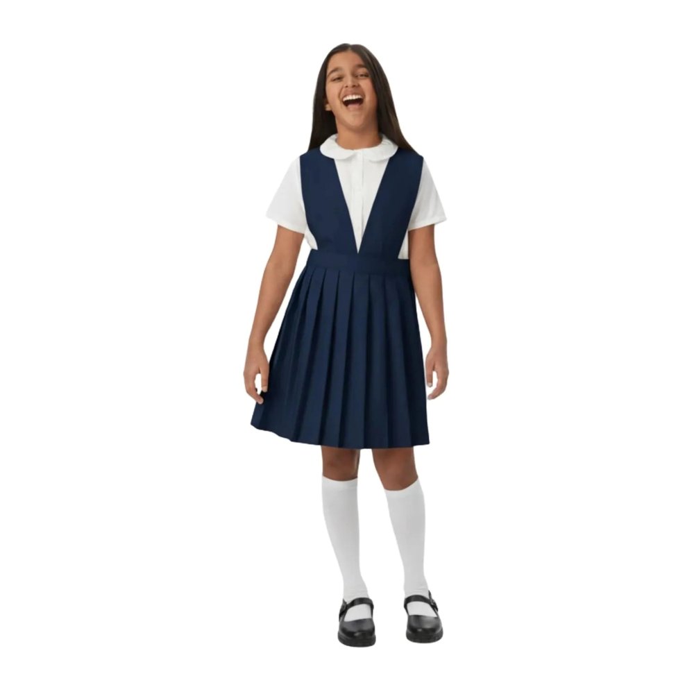 French Toast Girls' V-Neck Pleated Jumper, Navy, 18.5 Plus