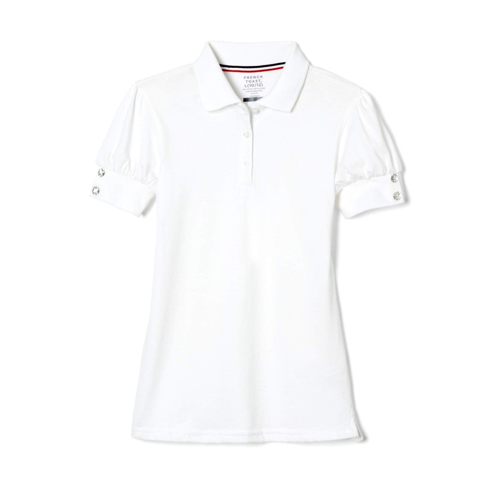 French Toast Girls Puff Sleeve Double Button Polo, White, 14-16