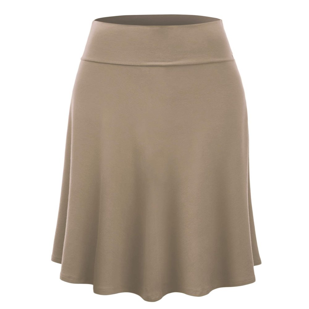 Lock and Love LL WB1105 Womens Lightweight Fold Over Flared Midi Skirt M Taupe