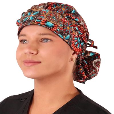 Sparkling EARTH Indian Jewelry Coral Banded Bouffant Ponytail Surgical Scrub Cap with Sweatband - Made in the USA!