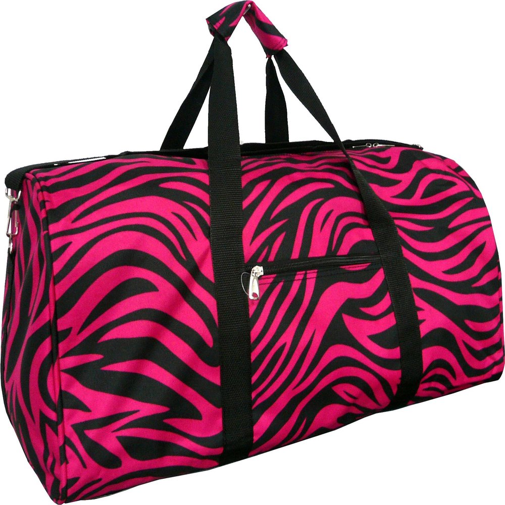 21 in Print Duffle, Overnight, Carry on Bag with Outside Pocket and Shoulder Strap (Fuschia Black Zebra Print)