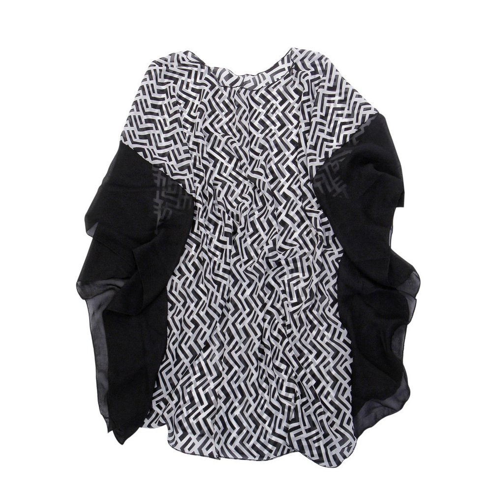 TrendsBlue Chiffon Geometric Sheer Kimono Wrap Blouse Poncho Beach Cover Up, Black