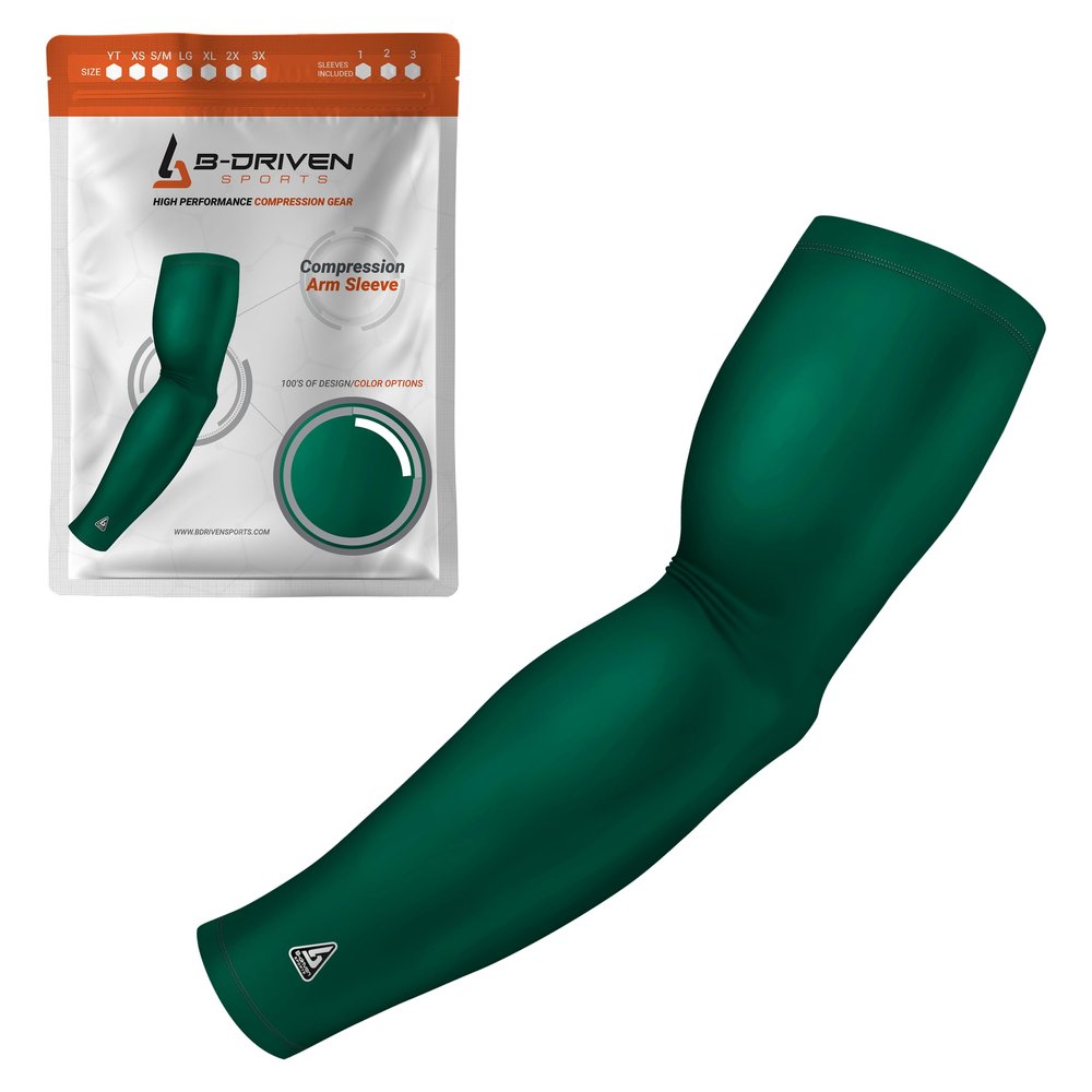 B-Driven Sports Pro-Fit Compression Arm Sleeve - Athletic Sports Support for Baseball, Basketball, Football, Softball, Running, Volleyball, Men, Women, Youth - GreenMLB S/M (Adult) (1pc)
