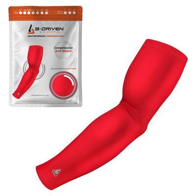 B-Driven Sports Pro-Fit Compression Arm Sleeve - Athletic Sports Support for Baseball, Basketball, Football, Softball, Running, Volleyball, Men, Women, Youth - RedMLB XXX-S (YTH-STD) (1pc)