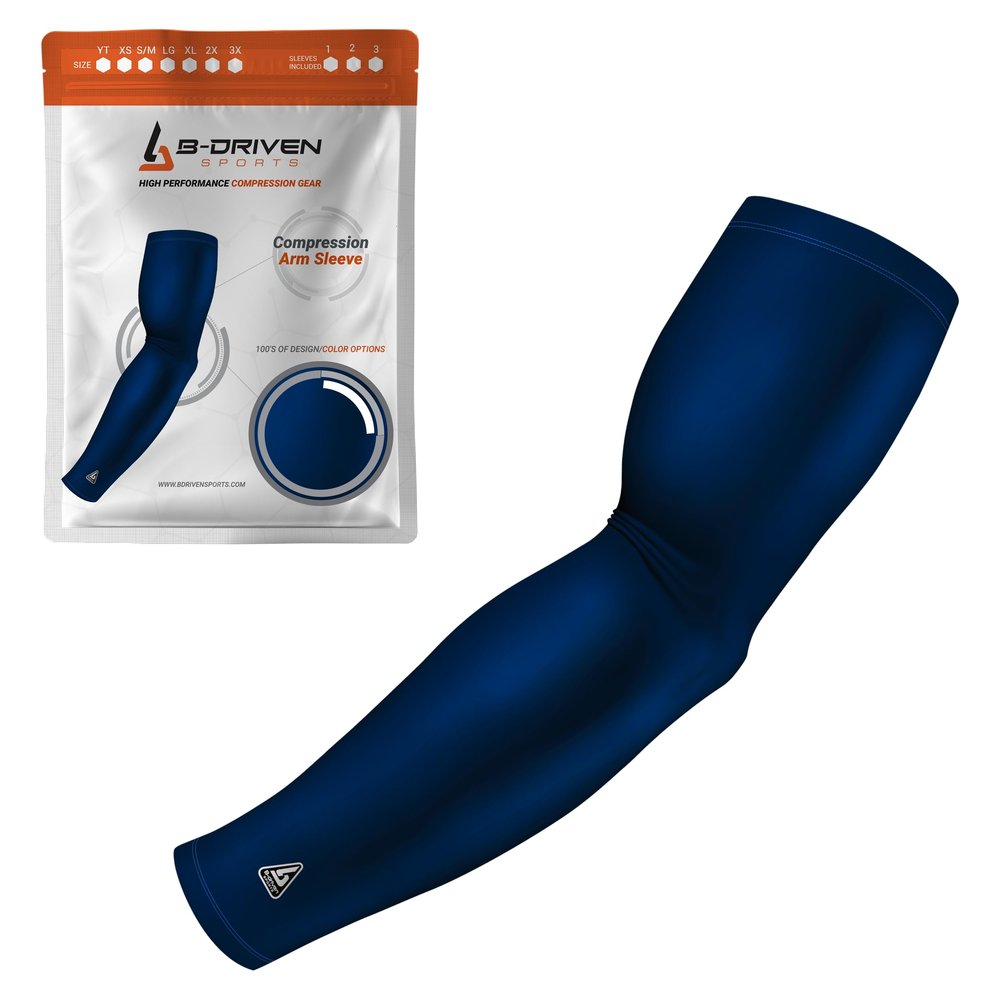 B-Driven Sports Pro-Fit Compression Arm Sleeve - Athletic Sports Support for Baseball, Basketball, Football, Softball, Running, Volleyball, Men, Women, Youth - BlueMLB S/M (Adult) (1pc)