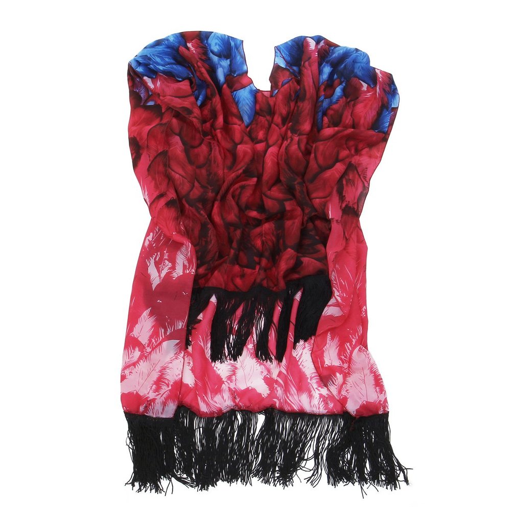 Large Wide Chiffon Feather Fringe Kimono Wrap Poncho Blouse Beach Cover Up, Red