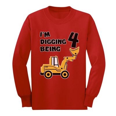Tstars 4th Birthday Construction Truck Shirt - I'm Digging Being 4 Long Sleeve Tee for Toddler Boys & Kids X-Large Red