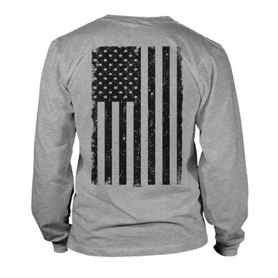Distressed Black USA Flag - United States Unisex Long Sleeve Shirt (Light Gray - Back Print, XX-Large)