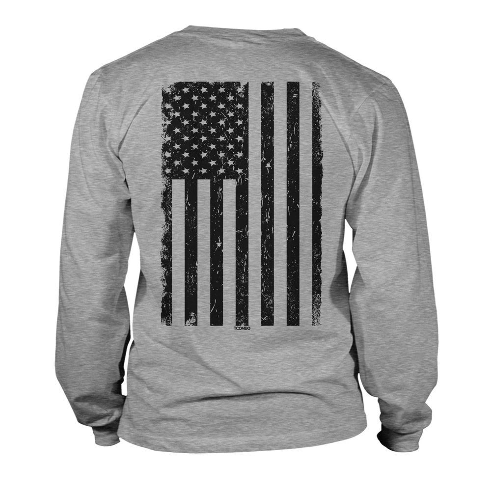 Distressed Black USA Flag - United States Unisex Long Sleeve Shirt (Light Gray - Back Print, XX-Large)
