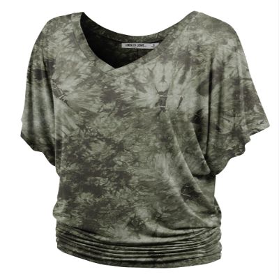 Lock and Love LL WT1116 Womens V Neck Short Sleeve Tie Dye Drape Dolman Top L Olive