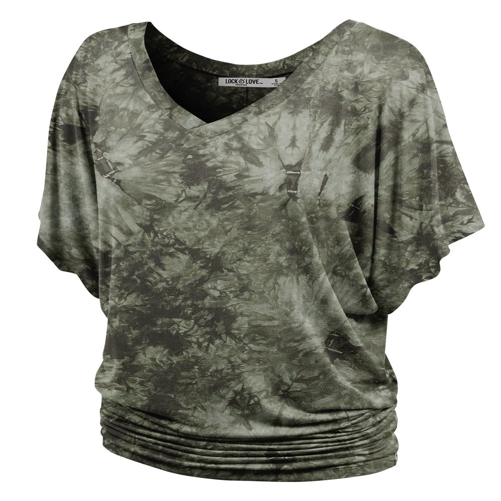 Lock and Love LL WT1116 Womens V Neck Short Sleeve Tie Dye Drape Dolman Top L Olive