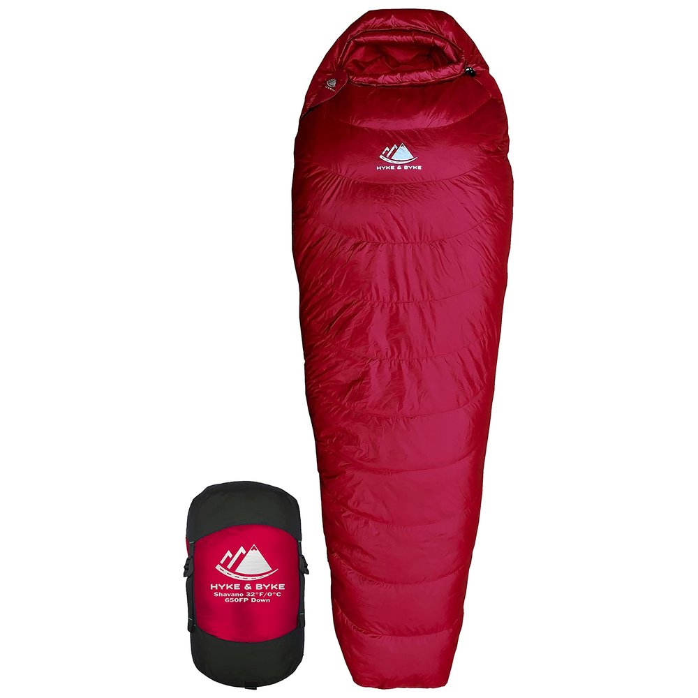 Hyke & Byke Shavano 32 F Hiking & Backpacking Sleeping Bag - 3 Season, 650FP Duck Down Sleeping Bag - Ultralight - Maroon - 87in - Long