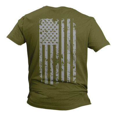 Haase Unlimited Silver American Flag - USA Patriotic Freedom Men's T-Shirt (Olive - Back Print, Medium)
