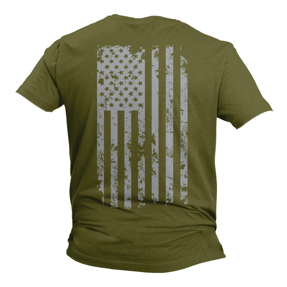 Haase Unlimited Silver American Flag - USA Patriotic Freedom Men's T-Shirt (Olive - Back Print, Medium)