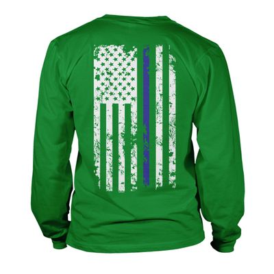 Haase Unlimited Blue Line American Flag - Police Support Unisex Long Sleeve Shirt (Kelly - Back Print, XXX-Large)