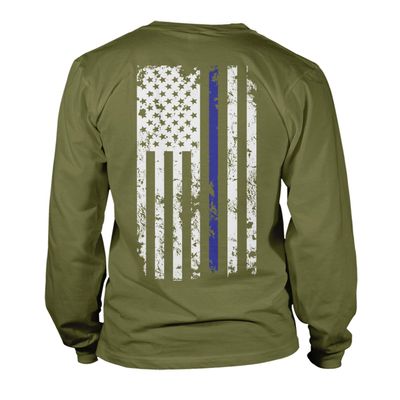 Haase Unlimited Blue Line American Flag - Police Support Unisex Long Sleeve Shirt (Olive - Back Print, Small)