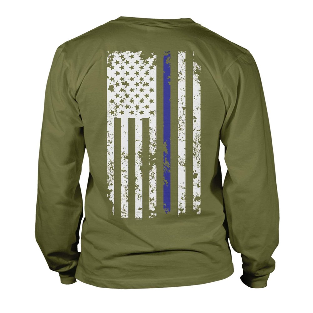 Haase Unlimited Blue Line American Flag - Police Support Unisex Long Sleeve Shirt (Olive - Back Print, Small)