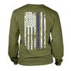 Haase Unlimited Blue Line American Flag - Police Support Unisex Long Sleeve Shirt (Olive - Back Print, Small) view 1