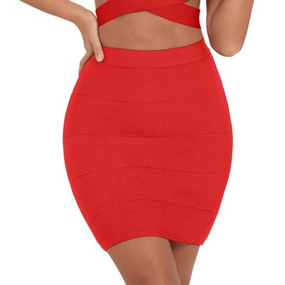 HLBandage Solid High Waist Mini Bandage Pencil Skirt (L, Red)