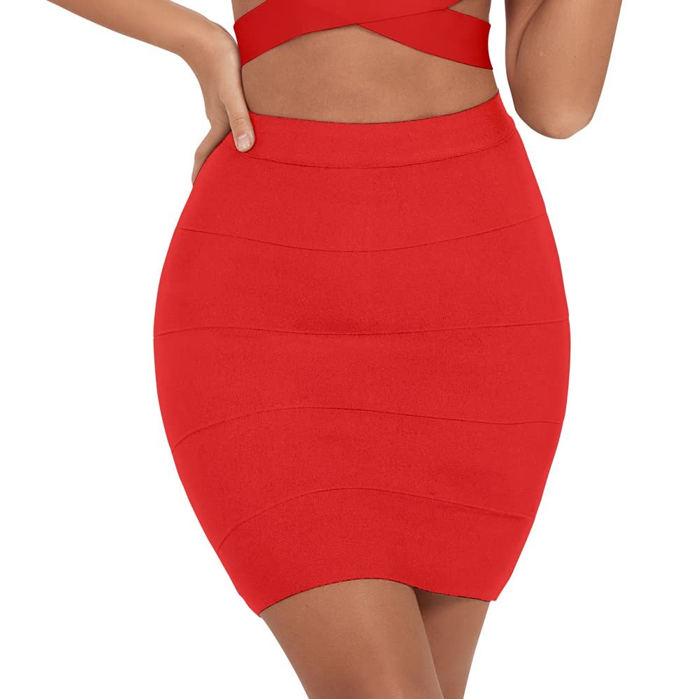 HLBandage Solid High Waist Mini Bandage Pencil Skirt (L, Red)