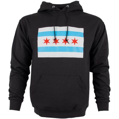 FOX OUTDOOR PRODUCTS Men's City of Chicago Flag Print Hooded Pullover - Cotton Blend Patriotic Front Chest Pattern Sweatshirt, Black, 3X-Large