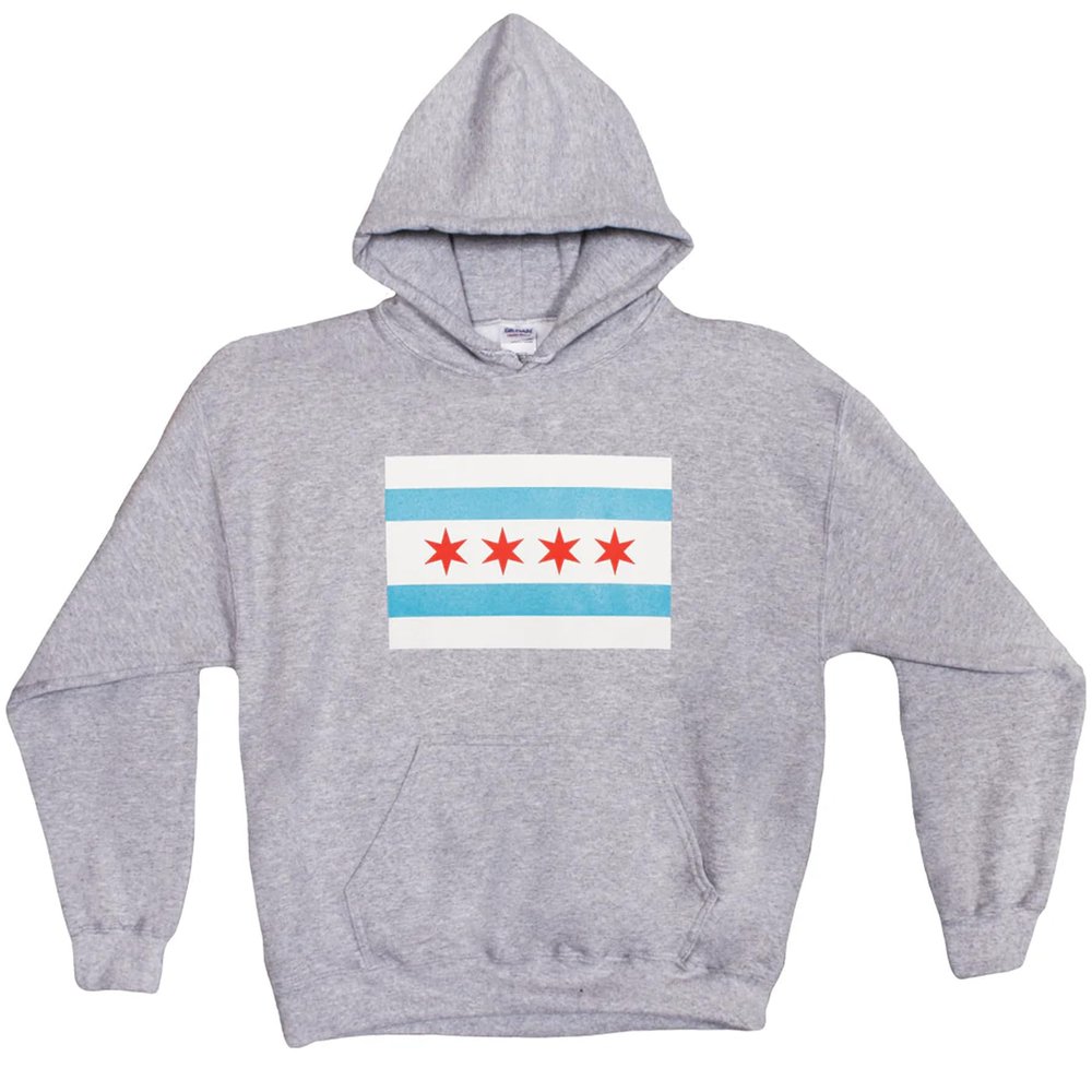 FOX OUTDOOR PRODUCTS Men's City of Chicago Flag Print Hooded Pullover - Cotton Blend Patriotic Front Chest Pattern Sweatshirt, Gray, XX-Large