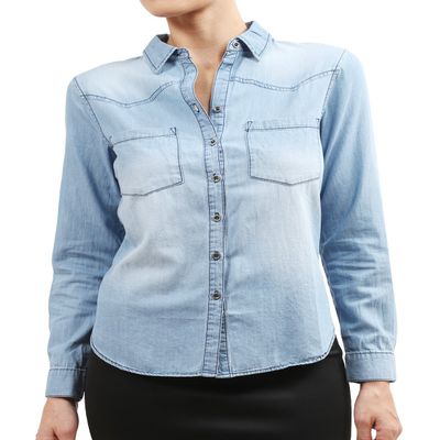 NE PEOPLE Womens Light Weight Front Pocket Long Sleeve Denim Button Down Shirts-LIGHTINDIGO-L