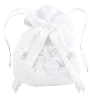 KOKSII Sacred Traditions White Satin First Communion Drawstring Purse with Embroidered Flowers and Bow, 7 Inch
