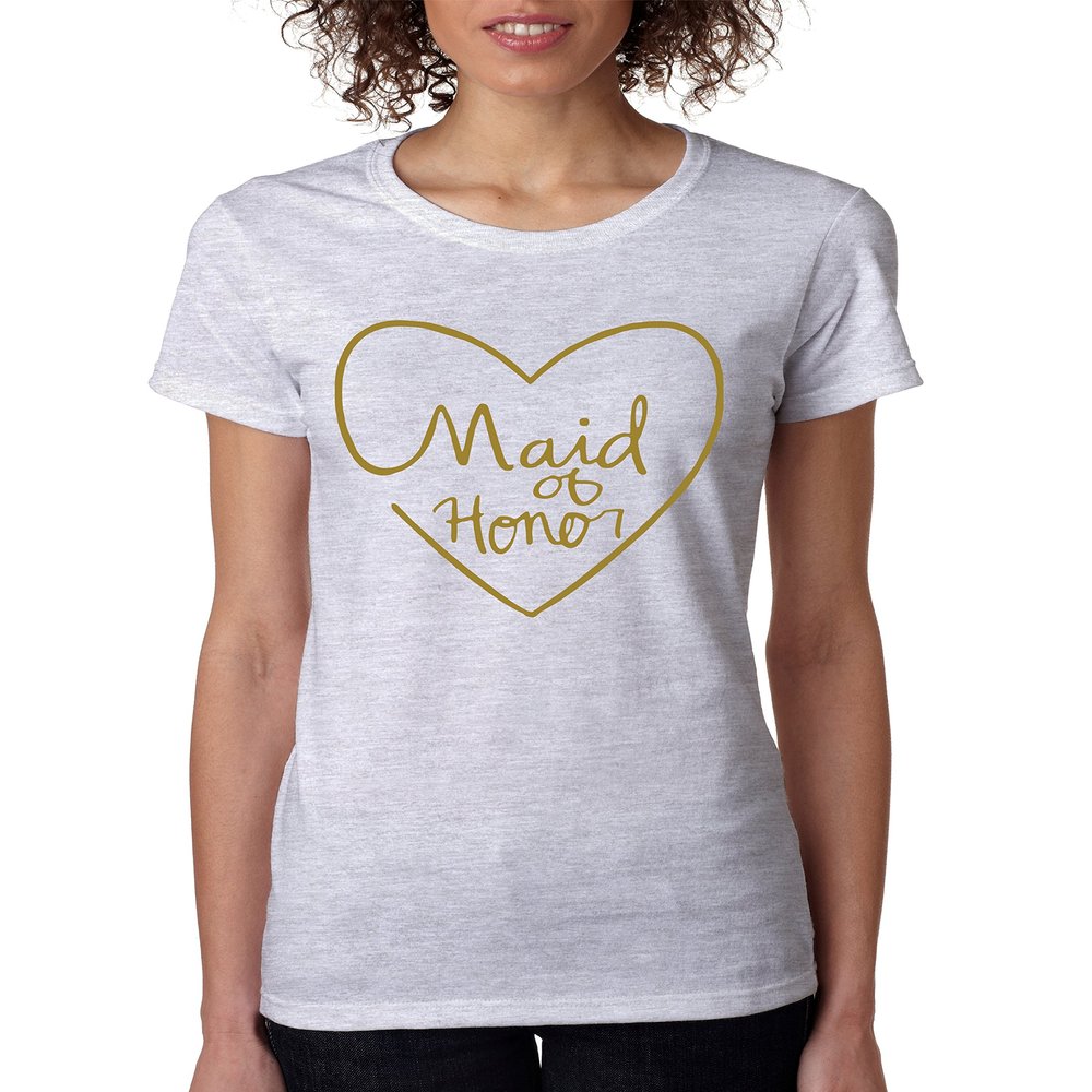 ALLNTRENDS Women's T Shirt Made of Honor Heart Metalic Gold Color Bachelorette Party Shirt (M, Ash)