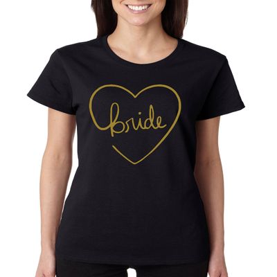 ALLNTRENDS Women's T Shirt Bride Heart Metalic Gold Color Bachelorette Party Shirt (2XL, Black)