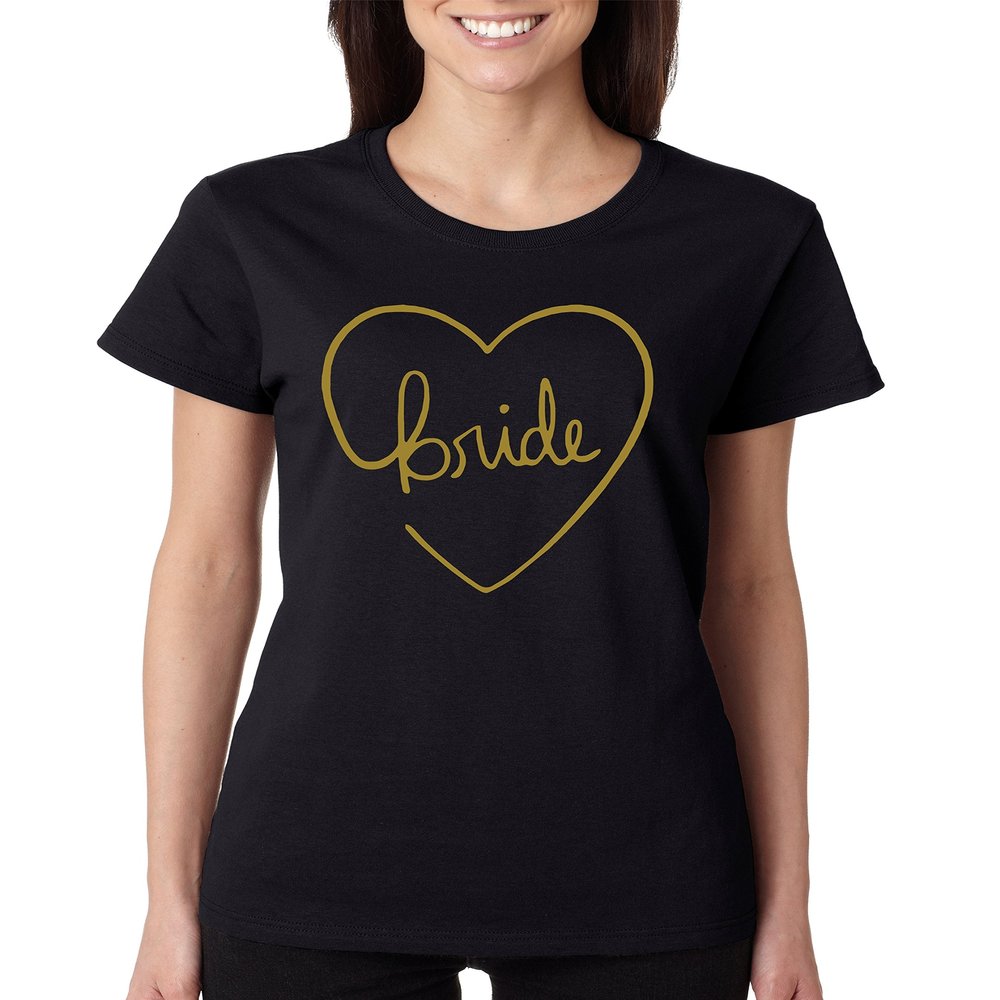 ALLNTRENDS Women's T Shirt Bride Heart Metalic Gold Color Bachelorette Party Shirt (2XL, Black)