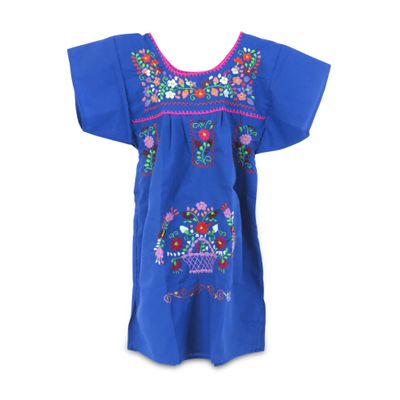 Ethnic Identity Embroidered Puebla Mexican Dress for Girls, Handmade Traditional Mexican Dress for Girls, Cotton Floral Girls Mexican Dress for Toddlers, 4T, Royal Blue