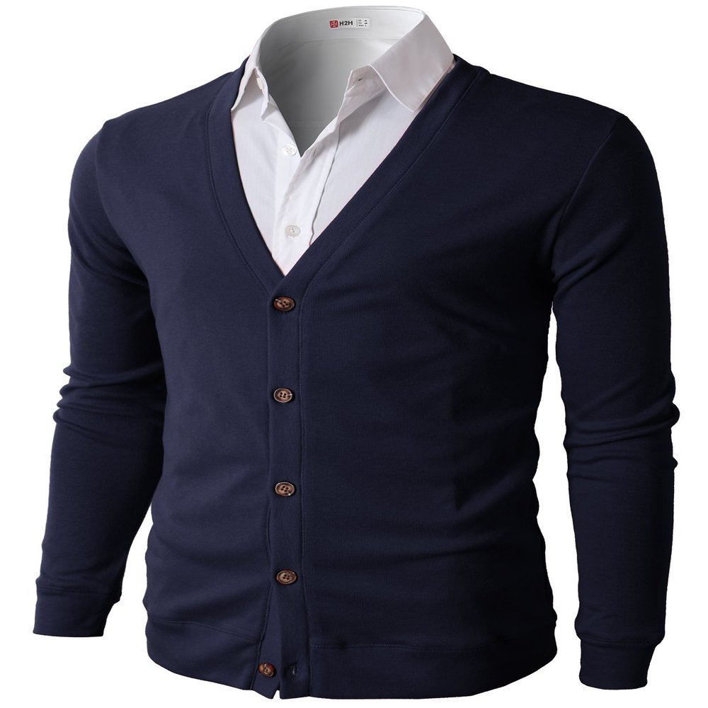 H2H Mens Fashion Thin Button V Neck Cotton Cardigan Navy US M/Asia L (CMOCAL012)
