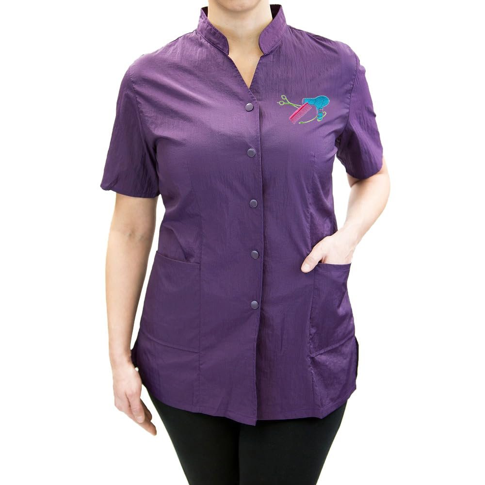 CHARLENE Anna Jacket Short-Sleeve Salon Uniform (DS Logo) | Hair Stylist Nylon | Water-Repellant | Machine Wash | Snap Closure (5XL, DARK PURPLE)