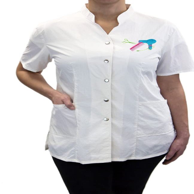 CHARLENE Anna Jacket Short-Sleeve Salon Uniform (DS Logo) | Hair Stylist Nylon | Water-Repellant | Machine Wash | Snap Closure (XL, WHITE)