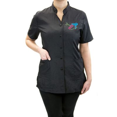 CHARLENE Anna Jacket Short-Sleeve Salon Uniform (DS Logo) | Hair Stylist Nylon | Water-Repellant | Machine Wash | Snap Closure (S, BLACK)
