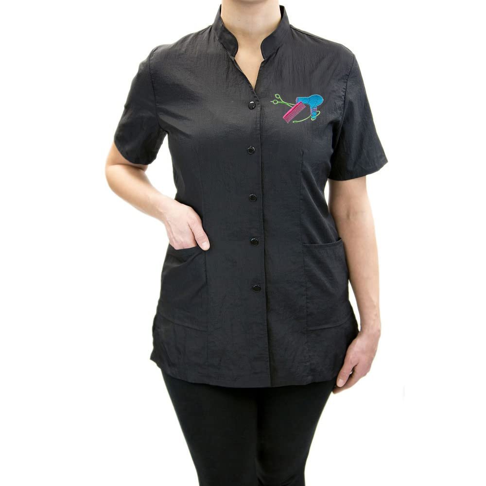 CHARLENE Anna Jacket Short-Sleeve Salon Uniform (DS Logo) | Hair Stylist Nylon | Water-Repellant | Machine Wash | Snap Closure (S, BLACK)