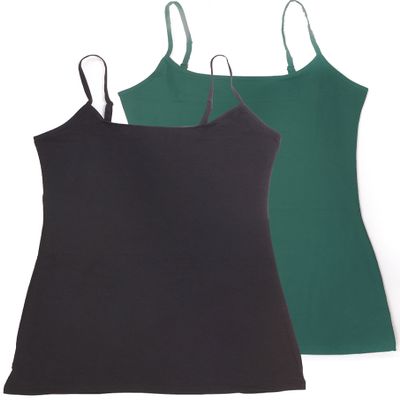 Active Basic Women's Long Cami w/Built in Bra Adjustable Strap - 2 Pack - Black, Green, Small