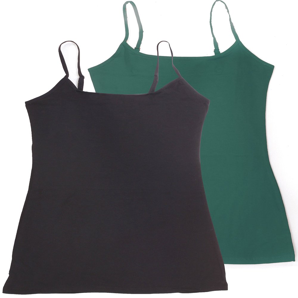 Active Basic Women's Long Cami w/Built in Bra Adjustable Strap - 2 Pack - Black, Green, Small