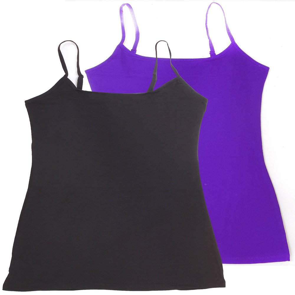 2 Pack Active Basic Women's Long Cami w/ Built in Bra Adjustable Strap,Black/Purple M